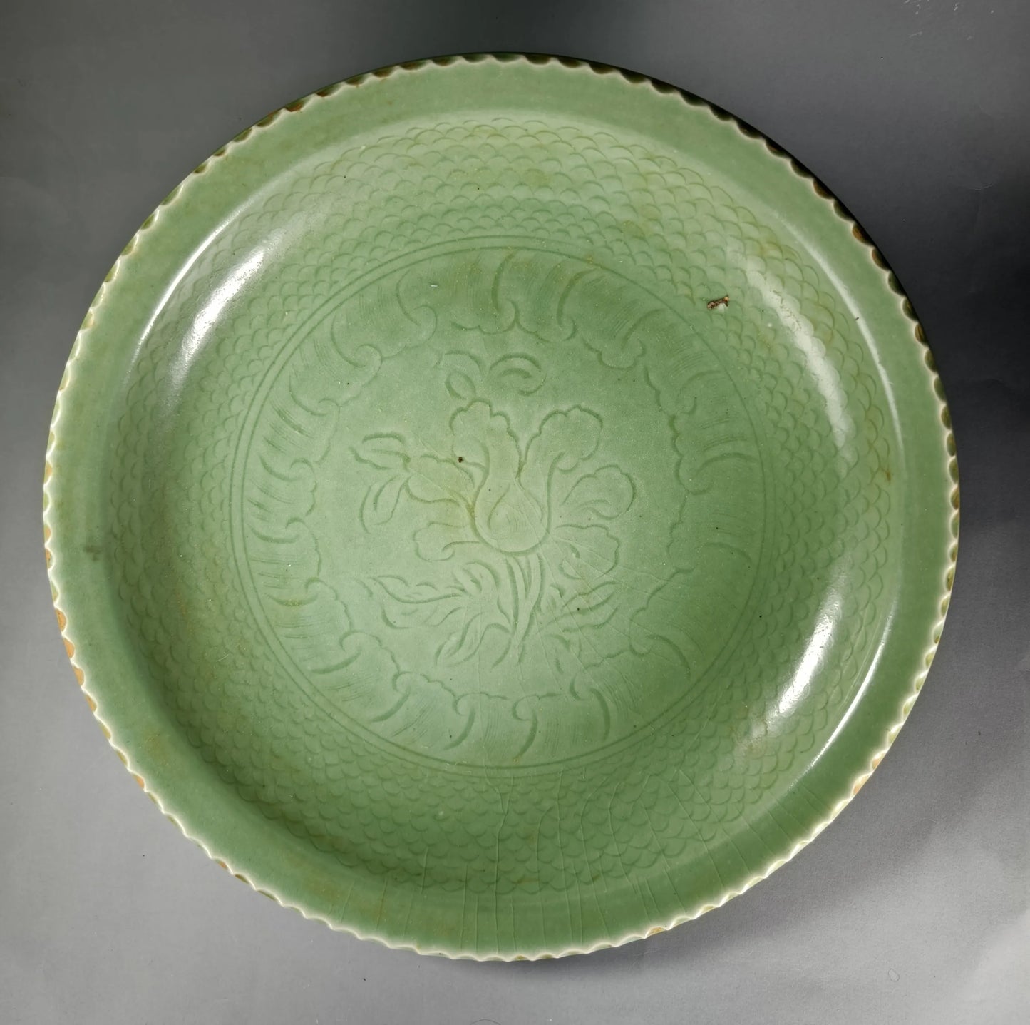 Großer Celadon-Charger mit Blattrand